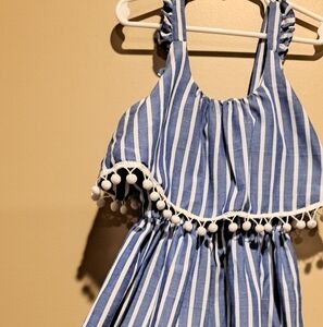Blue and White Striped Dress with Pom Poms